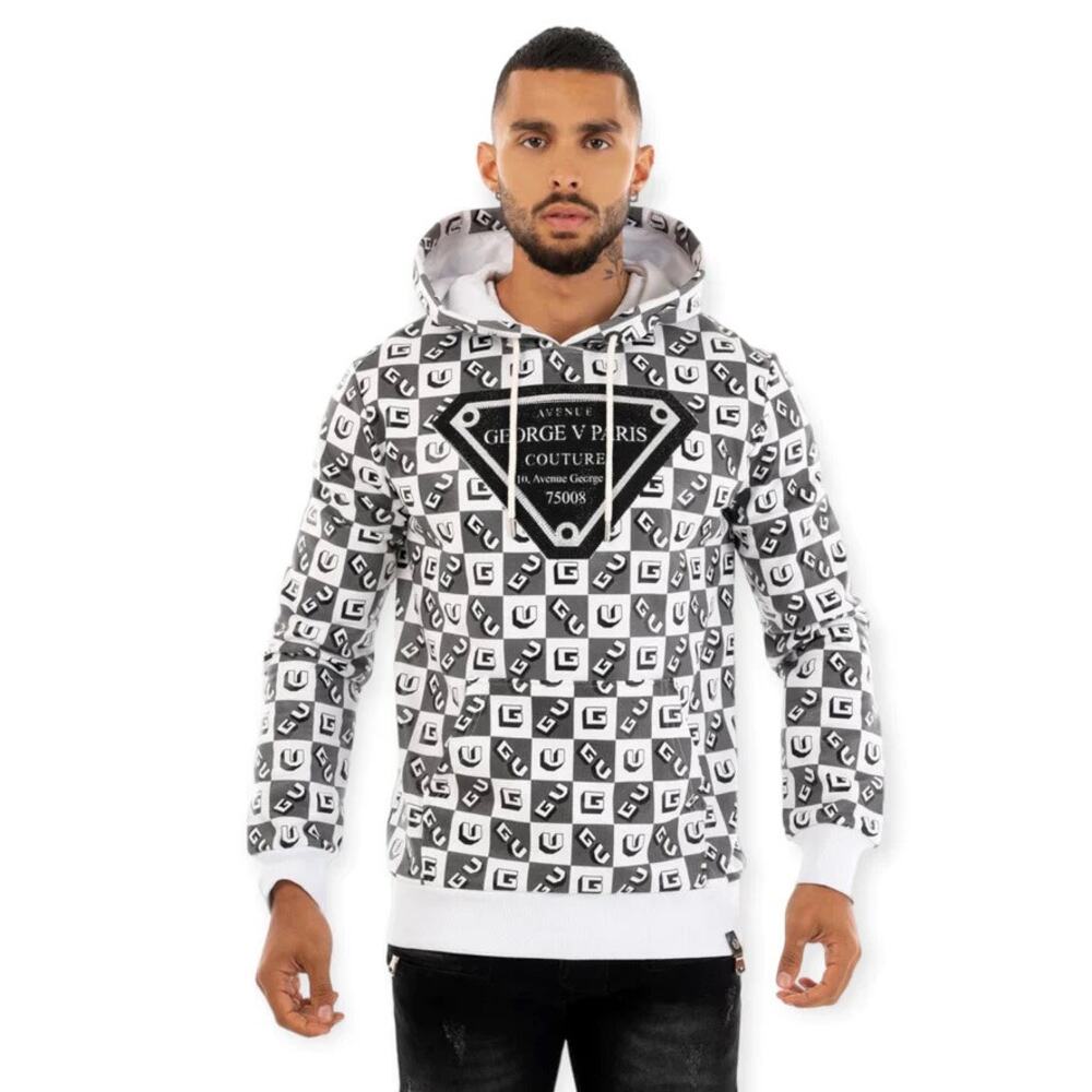 Avenue George V Paris Men's Rhinestone Logo All Over Print Hoodie Sweatshirt